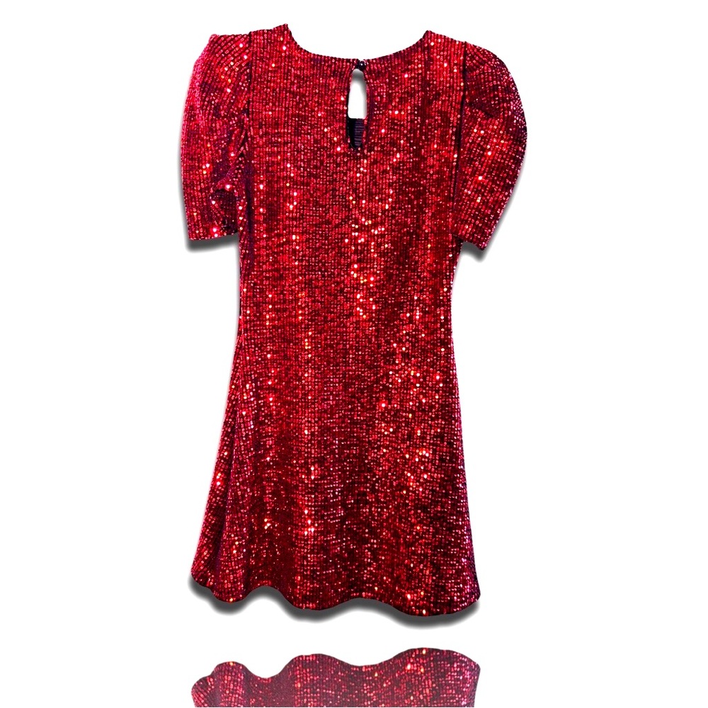 THE Red Sequin~Puff Sleeve Dress